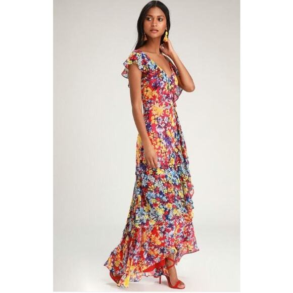 ✨Lulus Floral Cold Shoulder Maxi Dress Women’s Small Multicolor Ruffle Hem Boho - Picture 3 of 10